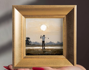 100% Original Hand Painted Figure, Small Sundown Golfer Oil Painting, 5.9'' Gold Frame, Gift for Golf Lover, Sport Wall Art Decor