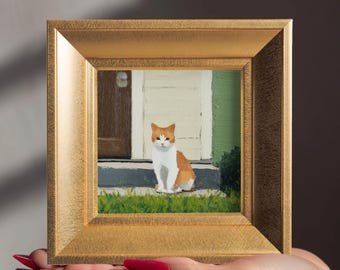 Petit chat en attente, peinture à l'huile, oeuvre d'art originale peinte à la main, mini portrait de chaton personnalisé, cadre doré 5,9 pouces, cadeau pour un ami, décoration murale moderne