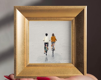 Small Cycling Couple Oil Painting, Original Hand Painted Figure , 5.9'' Gold Frame, Home Wall Art Decor, Valentine Gifts