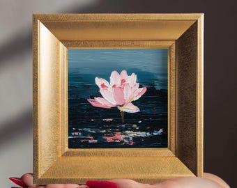 Lotus Oil Painting, Original Botanical Art, Hand Painted Canvas, Small Framed Wall Decor, Floral Artwork, Gift for Mom