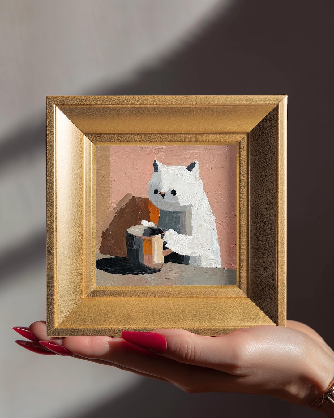 White Cat & Coffee Original Oil Painting, Small Framed Wall Art, Hand Painted Canvas, Room Decor, Custom Pet Portrait, Gift for Cat Lovers