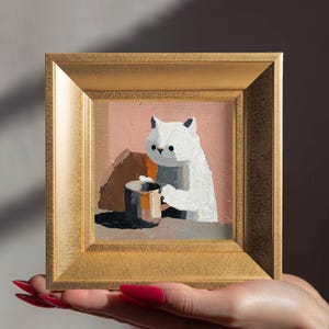 White Cat & Coffee Original Oil Painting, Small Framed Wall Art, Hand Painted Canvas, Room Decor, Custom Pet Portrait, Gift for Cat Lovers