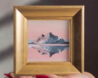 Pink Mirror Peak Oil Painting, Original Mountain Landscape Art, Hand Painted Pink Canvas Wall Decor, Gift for Nature Lover