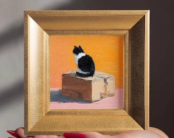 Cat On Box Original Oil Painting, Small Framed Oil Canvas, Hand-Painted Pet Art, Living Room Decor, Custom Pet Portrait, Gift for Cat Lovers