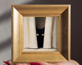 Original Hand Painted Peeking Black Cat, Small Kitten Oil Painting, Pet Portrait from Photo, Gift for Cats Lover, Gallery Wall Art