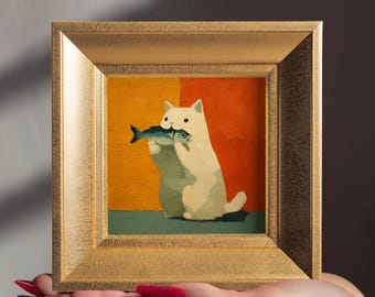 Katze hält Fisch Original Ölgemälde, Mini gerahmte Leinwand, Tier Portrait, handgemalte Kunst, Küchen Wanddeko, Geschenk für Katzenbesitzerin