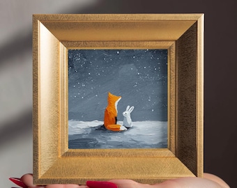 100% Hand Painted Fox & Bunny Oil Painting, Small Framed Original Wildlife, 5.9'' Gold Frame Artwork, Valentine Gifts, Mini Wall Art