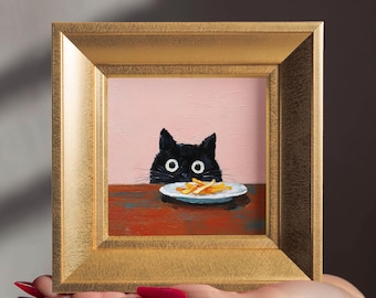 100 % handmålad katt "Craves Fries", liten original oljemålning, personligt husdjursporträtt från foto, present till kattälskare, väggkonst för hemmet,