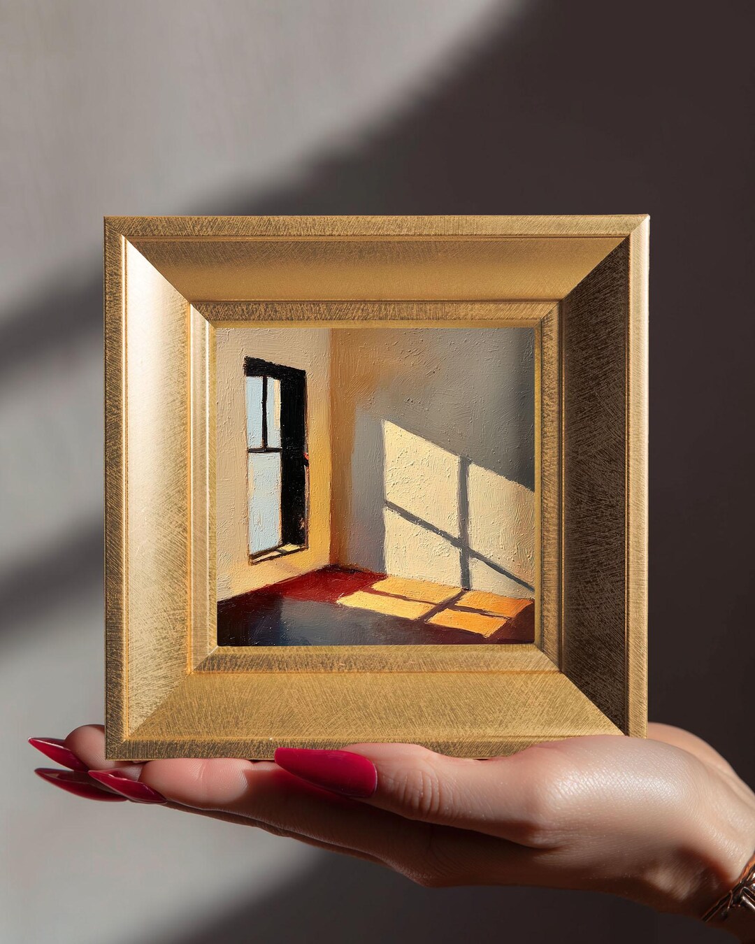 Window Light & Shadow Small Oil Painting, Hand Painted Original Gold ...