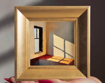 Window Light & Shadow Small Oil Painting, Hand Painted Original Gold Framed Art, Housewarming Gift for Friend, Living Room Wall Decor