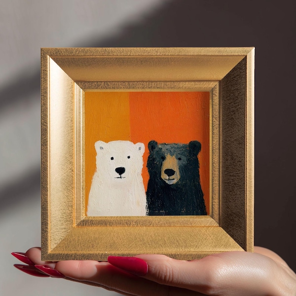 100% Hand Painted Bear Couple, Mini Oil Painting, Small Framed Original Animal, 5.9'' Gold Frame Artwork, Anniversary Gift, Mini Wall Art