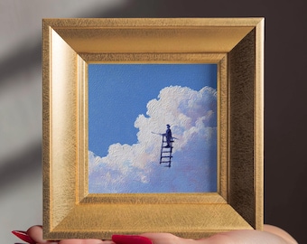 Dipinto a olio "Small Cloud Brusher", figura dipinta a mano originale al 100%, cornice dorata da 5,9'', regalo per amici, decorazione da parete per la casa