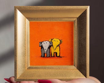 100% Hand Painted Elephant Couple, Mini Oil Painting, Small Framed Original Animal, Gold Frame Artwork, Anniversary Gift, Mini Wall Art