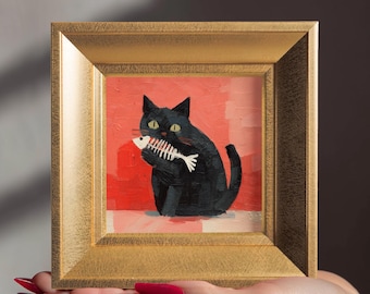 Black Cat & Fishbone Original Oil Painting, Framed Hand-Painted Canvas, Custom Pet Portrait from Photo, Kitchen Decor, Cat Parent Gift