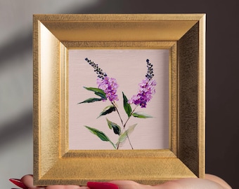 Natura morta con stelo viola, dipinto ad olio, opera botanica originale, decorazione floreale su tela dipinta a mano, regalo per la festa della mamma