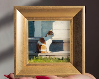 Kitty original peint à la main, petite peinture à l'huile de chat persistant, mini portrait personnalisé, cadre doré 5,9 pouces, cadeau pour un ami, décoration d'art mural