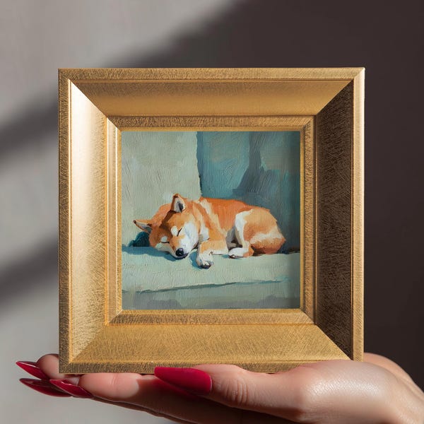 Sleeping Shiba Inu Original Oil Painting, Framed Dog Wall Art, Hand Painted Canvas, Home Decor, Custom Pet Portrait, Gift for Dog Lovers