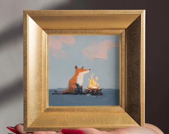 100% Hand Painted Fox & Fire Oil Painting, Small Framed Original Art, 5.9'' Gold Frame Artwork, Gift for Friends, Mini Wall Decor