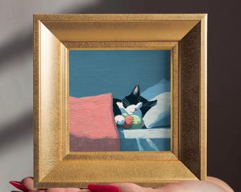 Chat original peint à la main, petite peinture à l'huile confortable, mini portrait d'animal de compagnie personnalisé, cadre doré 5,9 pouces, cadeau pour amoureux des chats, décoration d'art mural