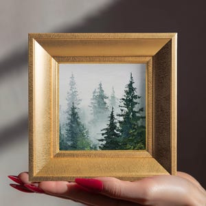 Misty Pines Oil Painting, Original Landscape Art, Hand Painted Canvas, Small Framed Wall Decor, Woodland Artwork, Gift for Nature Lover
