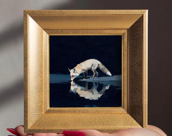 100% Original Hand Painted Animal, Small Drinking Fox Oil Painting, 5.9'' Gold Frame, Gift for Friend, Home Wall Art Decor