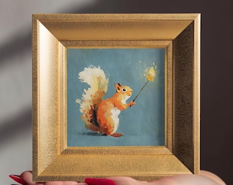 Magic Squirrel Original Oil Painting, Small Framed Wall Art, Hand Painted Canvas, Whimsical Study Room Decor, Gift for Nature Lovers