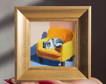 Petite peinture à l'huile de chat confortable, minou original peint à la main, portrait d'animal de compagnie personnalisé, cadeau pour amoureux des chats, cadeaux de la Saint-Valentin, art mural maison