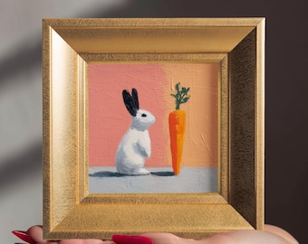 Cuadro al óleo original de conejo y zanahoria, lienzo enmarcado pintado a mano, decoración de pared para habitación infantil, arte de la vida silvestre, regalo para amantes de los animales.