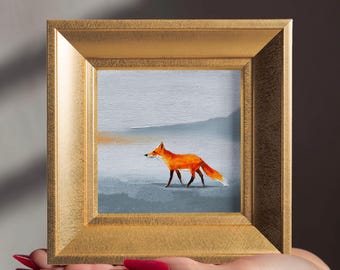 100% Hand Painted Fox Oil Painting, Small Framed Original Animal Art, 5.9'' Gold Frame Artwork, Valentine Gifts, Mini Wall Decor