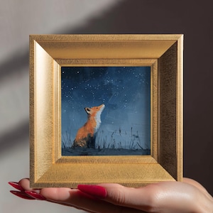 Starry Night Fox Small Original Oil Painting, Hand Painted Wildlife Animal Art, Gift for Nature Lover, Bedroom Gallery Wall Decor