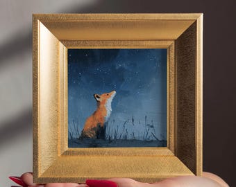 Sternenklare Nacht Fuchs kleines Original Ölgemälde, handgemalte Wildtier Kunst, Geschenk für Naturliebhaber, Schlafzimmer Galerie Wanddeko