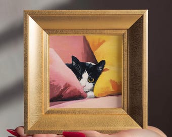100% Hand Painted Pillow Cat, Small Original Oil Painting, Custom Pet Portrait from Photo, Gift for Cat Lover or Couple, Home Wall Art Decor
