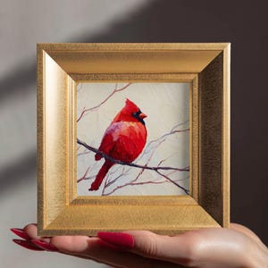 Mini Cardinal Oil Painting, Original Hand Painted Bird Art, Small 5.9 '' Gold Framed Artwork, Gifts for Birds Lover, Modern Home Wall Decor
