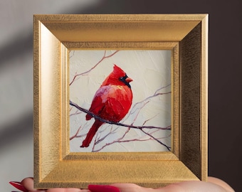 Mini cuadro al óleo de un cardenal, obra de arte original pintada a mano, pequeño cuadro de 15 cm con marco dorado, regalo para amantes de las aves, decoración moderna para el hogar.