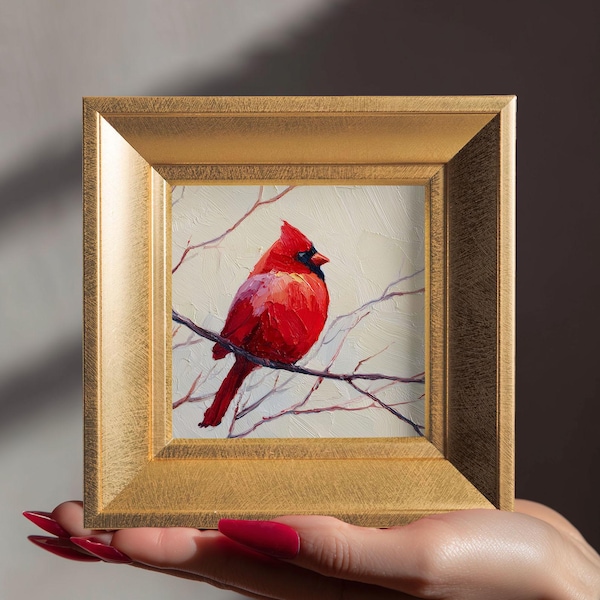 Mini kardinaal olieverfschilderij, originele handgeschilderde vogelkunst, kleine 5,9'' goud ingelijste kunstwerken, cadeaus voor vogelliefhebber, Modern Home Wall Decor