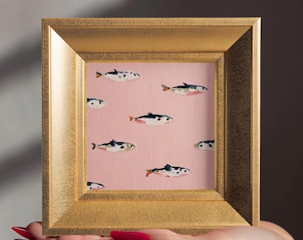 Pink Sardines Oil Painting, Original Hand Painted Fish Art, Small Coastal Canvas Wall Decor, Gift for Sea Lover