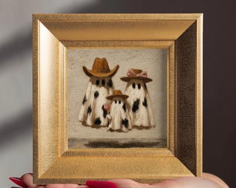 Ghost Family Oil Painting, Original Hand Painted Halloween Art, Small Neutral Canvas Wall Decor, Gift for Halloween Lover
