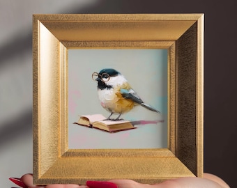 Lesevogel Original Ölgemälde, kleine gerahmte Leinwand Kunst, handbemalte Leinwand, Arbeitszimmer Dekor, Vogel Kunst, Geschenk für Vogelliebhaber