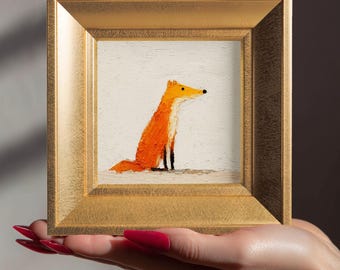 100% Hand Painted Oil Painting, Small Framed Original Art, 5.9'' Gold Frame Artwork, Christmas Gift for Friends, Mini Wall Decor, Red Fox