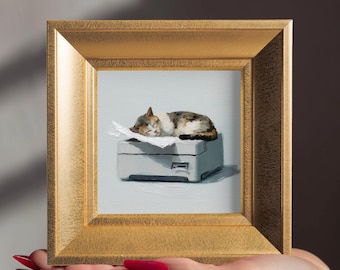 Printer Cat Oil Painting, Original Hand Painted Cat Art, Small Funny Canvas Wall Decor, Gift for Cat Lover