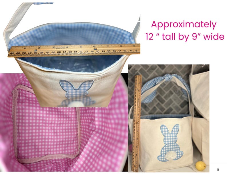 Peut inclure: Panier de P&acirc;ques cr&egrave;me avec un motif de lapin en vichy bleu. L'int&eacute;rieur est doubl&eacute; de tissu vichy bleu, et la poign&eacute;e est blanche avec un n&oelig;ud vichy bleu. Environ 30 cm de haut sur 23 cm de large.