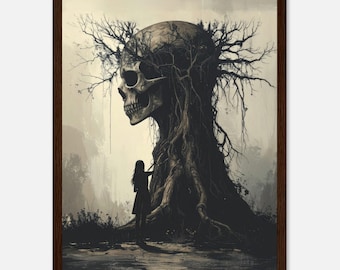 Dark Surreal Skull Tree Wall Art – Skeleton Nature Fantasy Print | Gothic Wall Decor, Philosophical Art, Dreamlike Poster | Deep Mindset