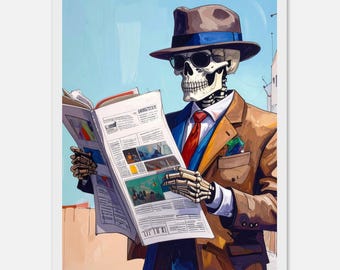 Skeleton Gentleman Wall Art – Skull in Suit Reading Newspaper | Surreal Modern Art Print, Gothic Decor, Retro Wall Poster | Disciplined Mind