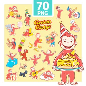 May include: A collection of 70 PNG images featuring Curious George in various poses and activities. The images include George holding a cake, playing musical instruments, and enjoying treats. The title "Curious George" is in yellow and red.
