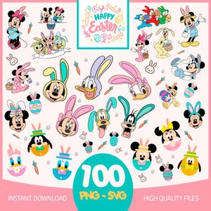 May include: A collection of colorful cartoon characters, including Mickey and Minnie Mouse, Donald Duck, and Goofy, in Easter-themed designs. The image includes the text "Happy Easter" and "100 PNG - SVG".