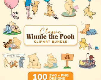 100 Classic Winnie the Pooh SVG PNG Bundle | Vintage Pooh Clipart | Nursery Decor Baby Shower Birthday | Cricut Digital Download