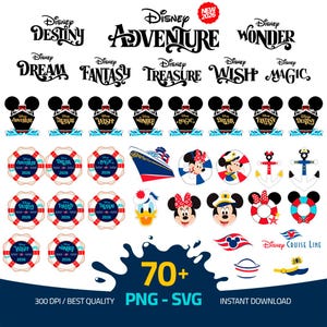 May include: A collection of Disney-themed graphics, including ship illustrations, Mickey Mouse and Minnie Mouse, life preservers, and anchors. The designs feature the words "Destiny," "Adventure," "Wonder," "Dream," "Fantasy," "Treasure," "Wish," and "Magic."
