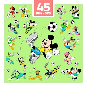 Puede incluir: Ilustración colorida de personajes de dibujos animados jugando al fútbol sobre un fondo verde claro. Mickey Mouse, Minnie Mouse, el Pato Donald y Goofy están representados. Incluye el texto "45 PNG - SVG".