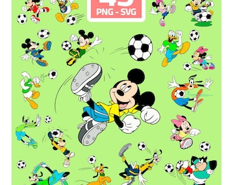Pacchetto di immagini di Topolino e i suoi amici a tema calcio, 45 clipart PNG e SVG di palloni da calcio, design per magliette di compleanno (download digitale)