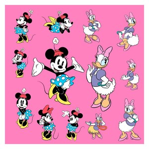 May include: A pink background featuring cartoon illustrations of Minnie Mouse and Daisy Duck. Minnie Mouse is depicted in various poses, wearing a red hat, blue polka dot skirt, and yellow shoes. Daisy Duck is shown in purple and pink outfits.